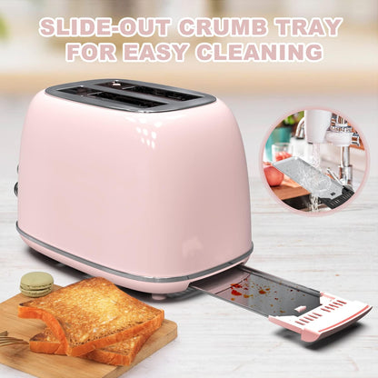 Toaster 2 Slice,Retro Stainless Steel Toaster with 6 Settings, 1.5 in Extra Wide Slots, Bagel/Defrost/Cancel Function, Removable Crumb Tray (Baby Pink)